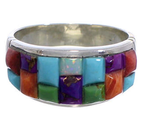 Multicolor Inlay Southwest Sterling Silver Ring Size 8-1/2 EX50670